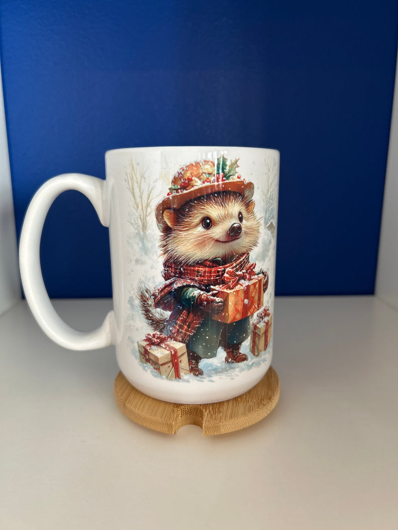 Mug 15oz. Custom Made Christmas Hedgehog with gifts.