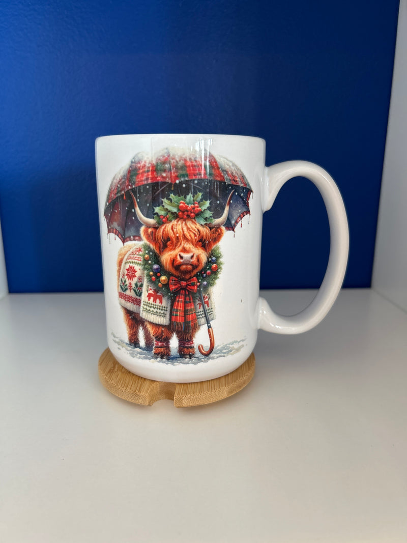 Mug 15oz. Custom Made Christmas Highland Cow with wood lid or coaster.