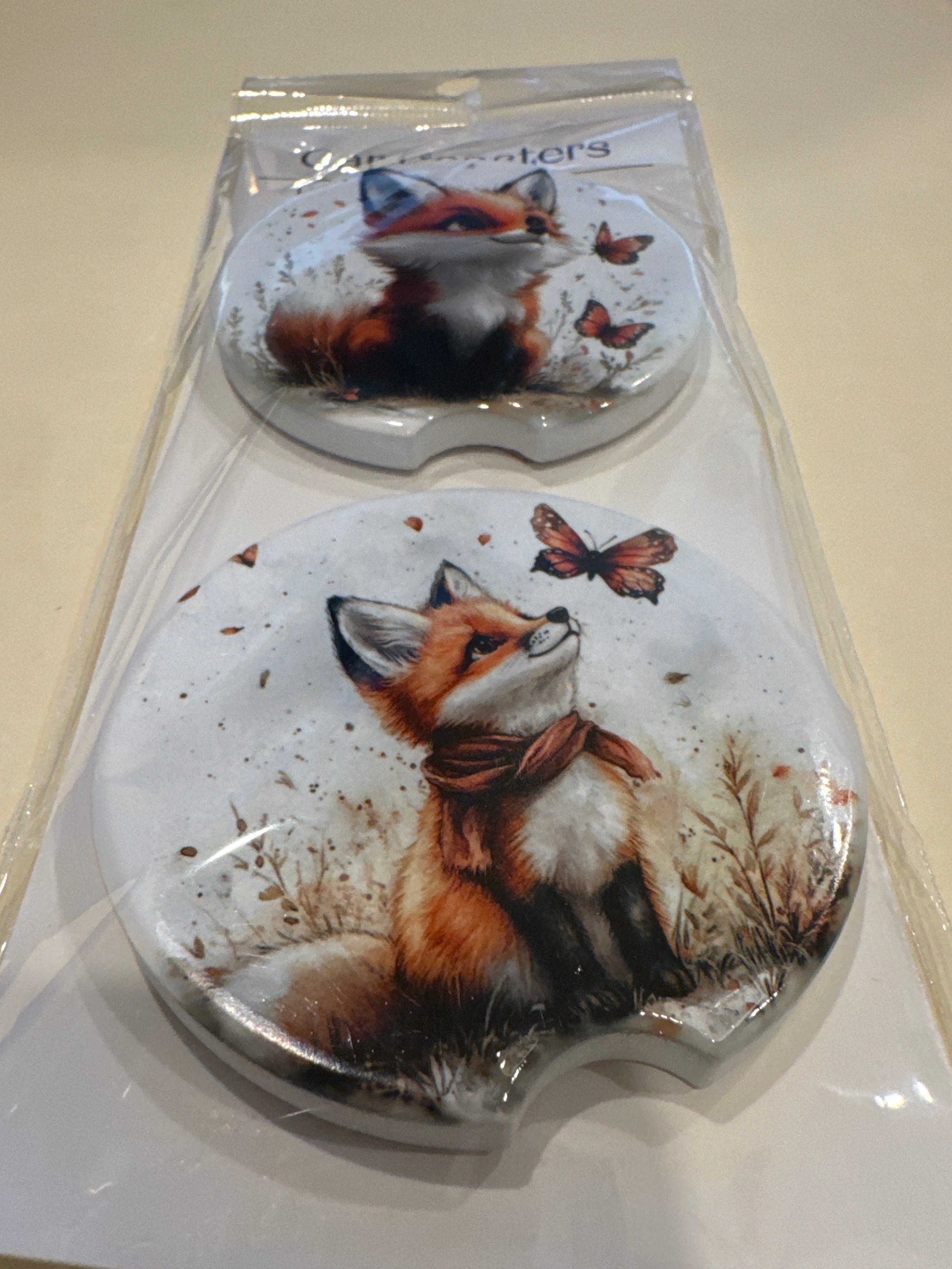 Car Coaster Ceramic- Custom Made Fox & Butterfly 2 PK (designs may vary)