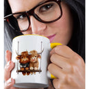 Mug 15 oz - Two-Tone Yellow Cute Highland Cows On A Swing Illustration