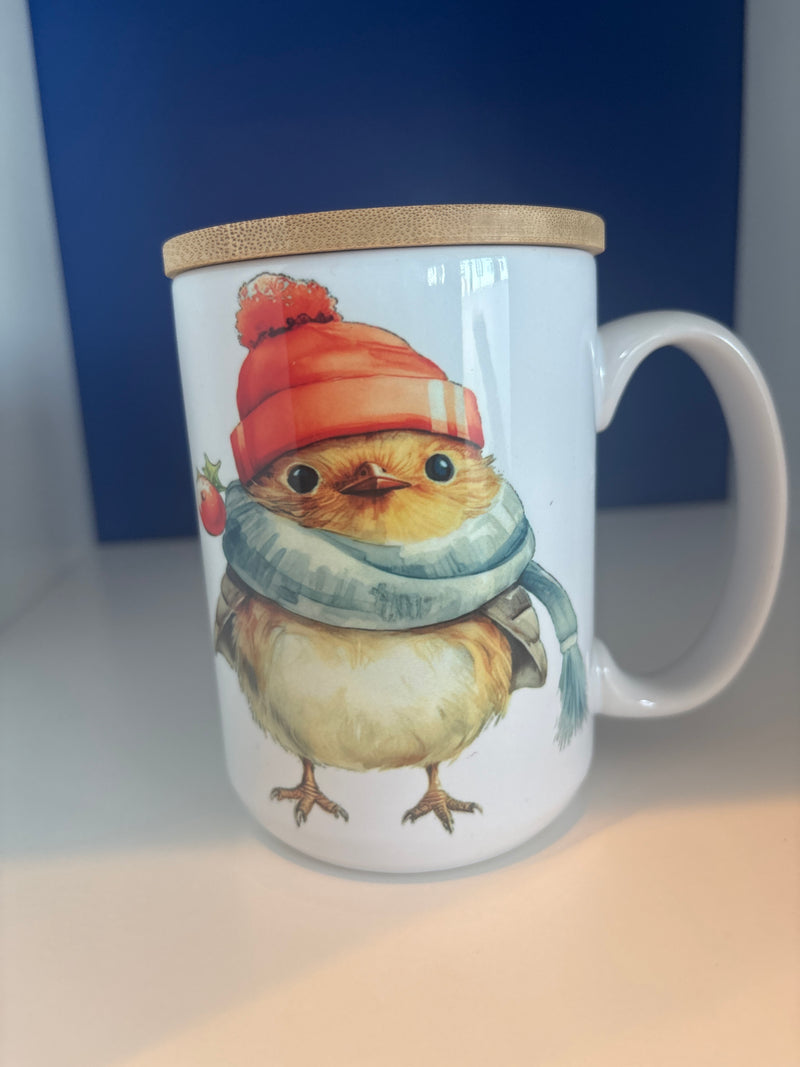 15 oz Mug. Custom Made Robin with a Scarf, Bobble Hat, Holly