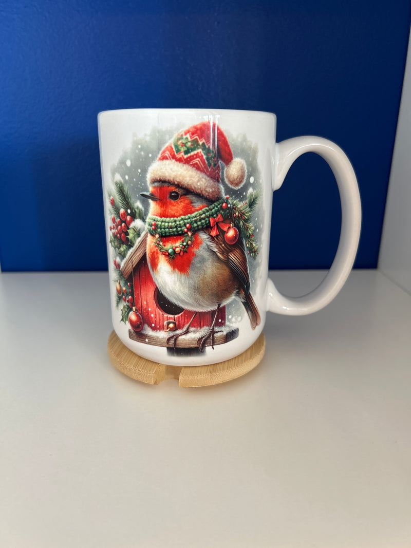 Mug 15oz. Custom Made Christmas Robin with Birdhouse with wood lid or coaster.