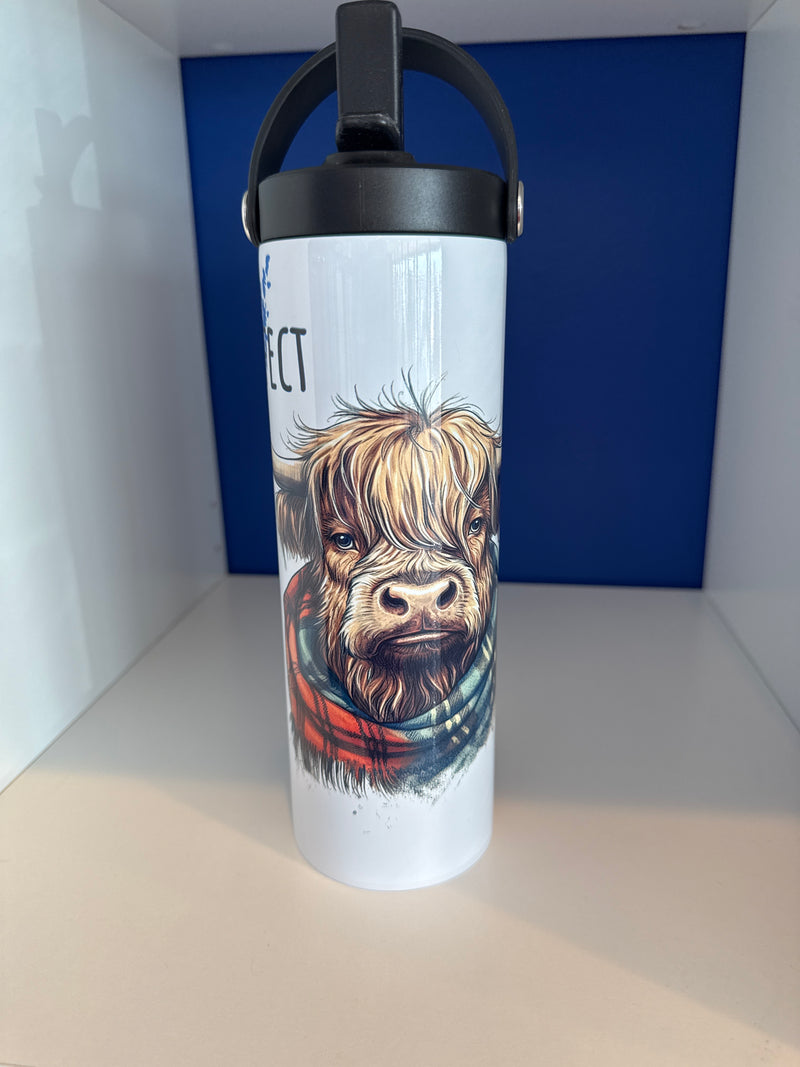 Tumbler 20oz. Custom Made Highland Cow with (Nobody's Perfect But Being Scottish Is Close Enough) with Swivel Handle &amp; Straw