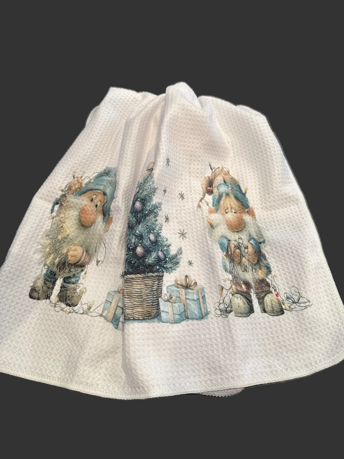 Tea Towel 15" x 27" Handmade Design - Gnome with Christmas Lights and Tree