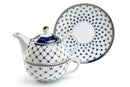 Tea For One Set - Trellis Blue Gold Fine Porcelain