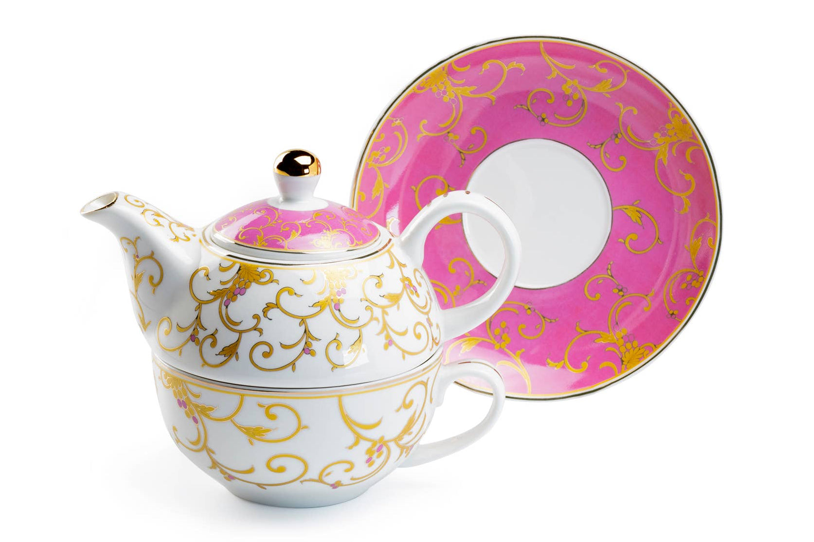 Tea For One Set - Pink Gold Scroll Fine Porcelain