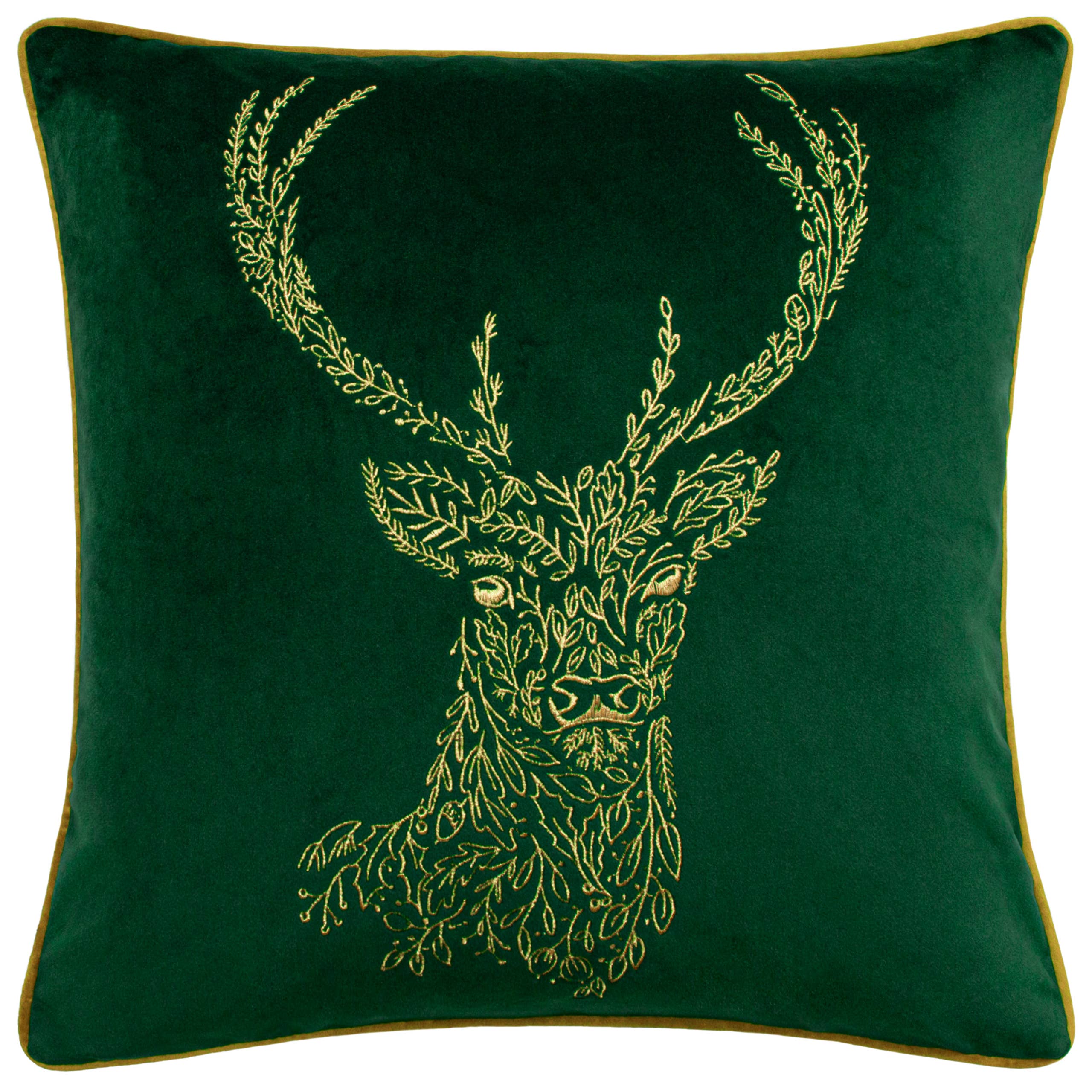Cushion Cover only - Forest Fauna Stag Velvet Piped Cushion Emerald/Gold: 19.6 x 19.6"