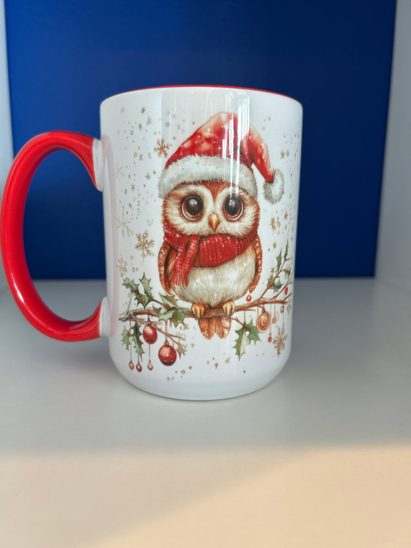 Mug 15oz. Custom Made Christmas Owl sitting on branch