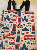 2 Pcs Tote Bag & Pouch - London Icons - Double Decker Bus, Big Ben, Flag etc