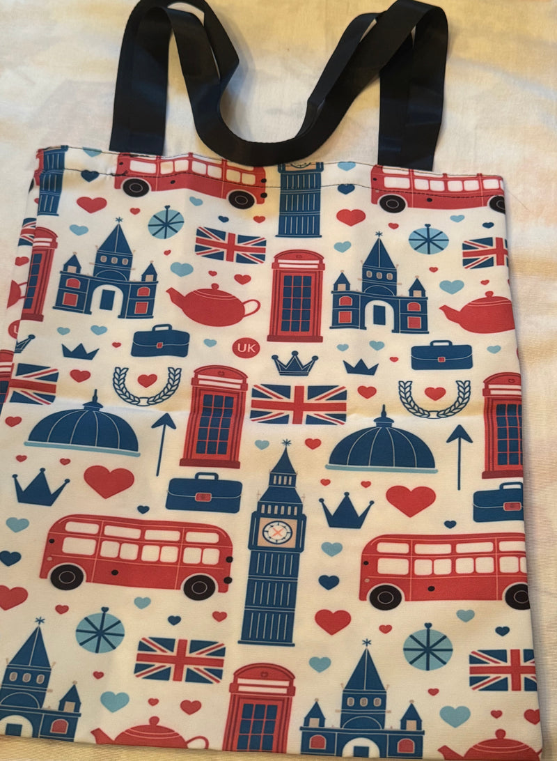 2 Pcs Tote Bag & Pouch - London Icons - Double Decker Bus, Big Ben, Flag etc