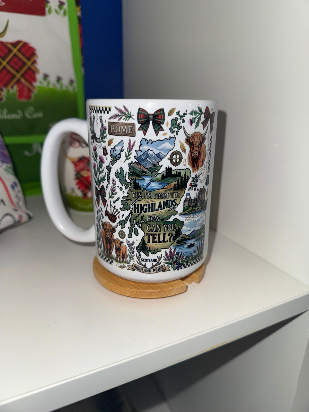 Mug 15oz Handmade Design - Scottish Icons  with wood lid or coaster.
