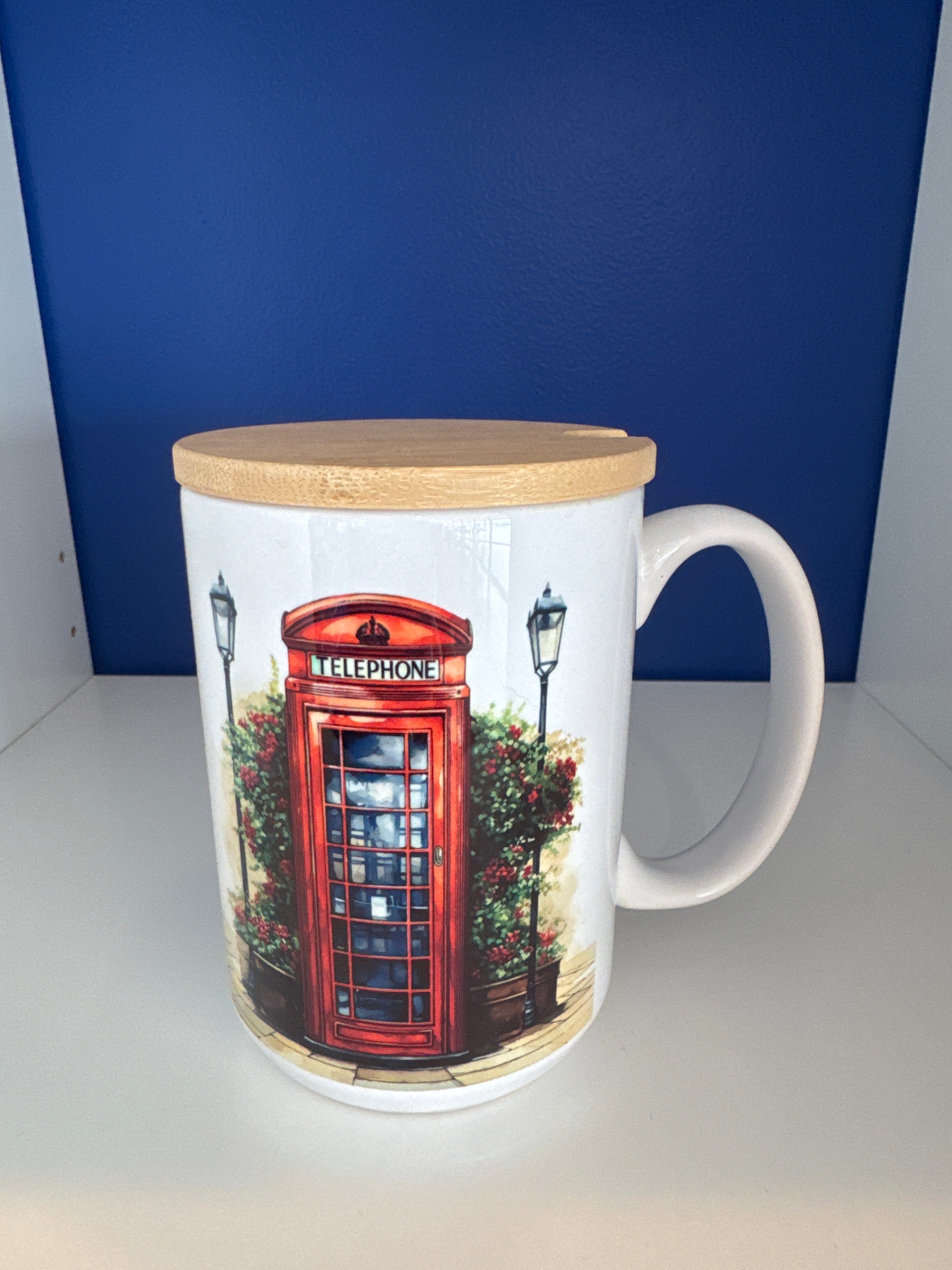 Mug 15oz Handmade - Telephone Box with Flower Bush and Lanterns