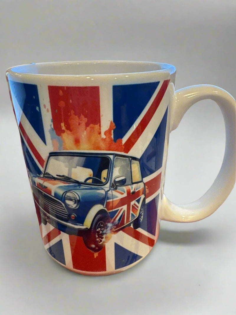 Mug 15oz Custom Made Mini Cooper & Union Jack with wood lid or coaster.