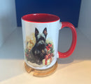 Mug 15oz. Christmas Scottie Dog with Wrapped Gifts. Red Handle and Interior. Includes Lid/Coaster.