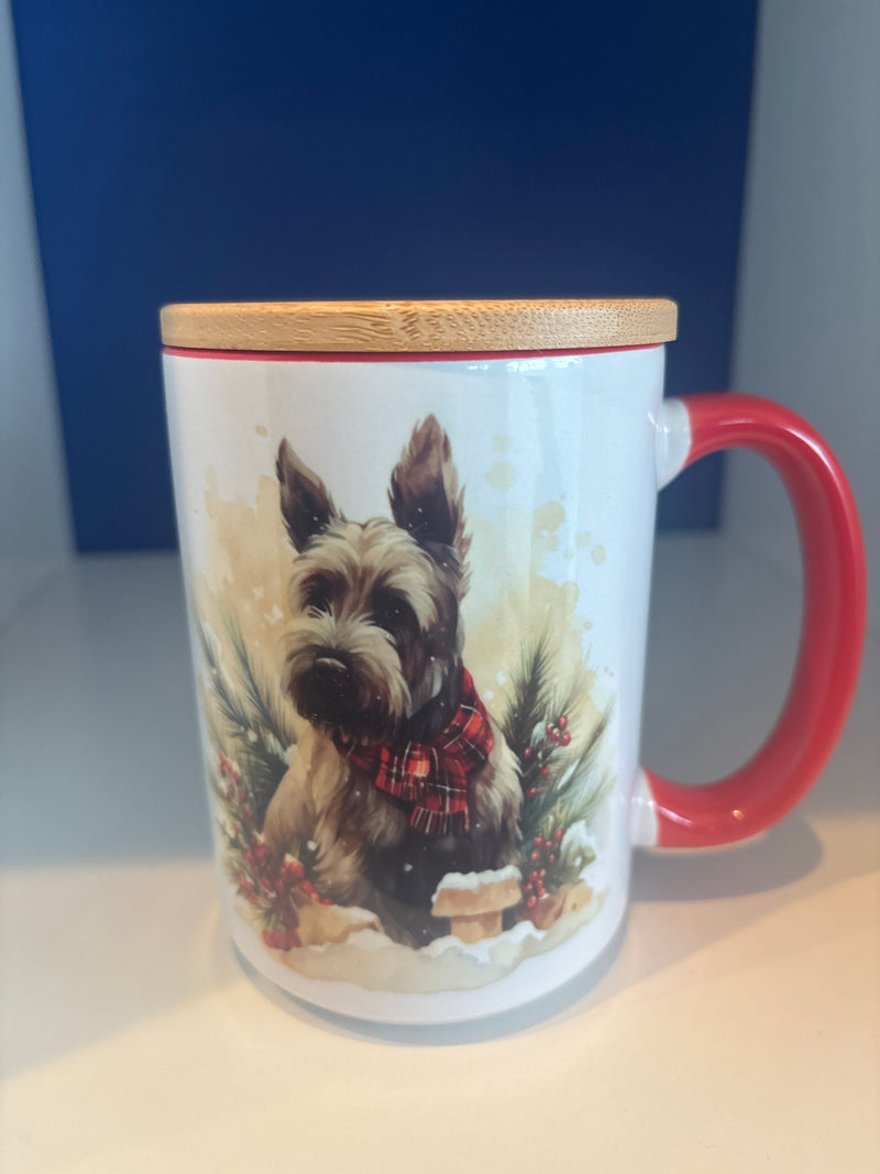 Mug 15oz. Scottie Dog Wearing Tartan Scarf. Includes Lid/Coaster.