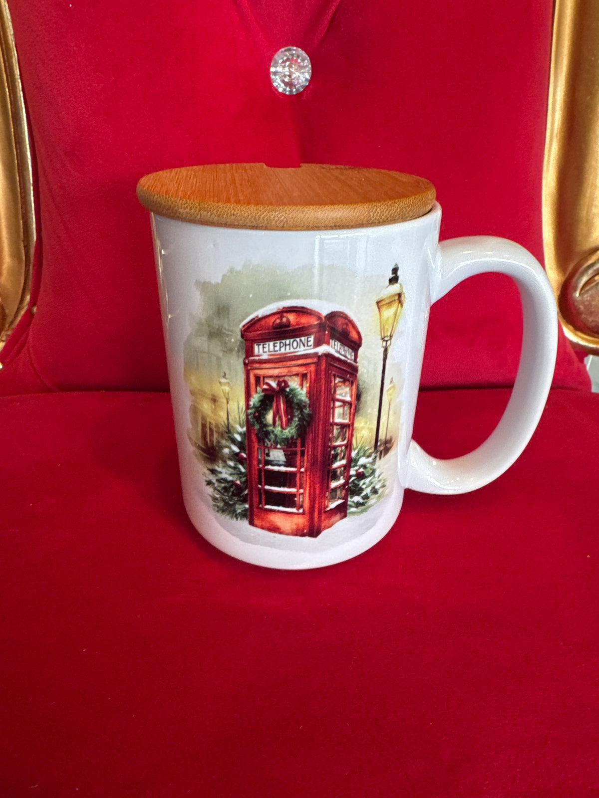 Mug 15oz Handmade Design - Telephone Box with Christmas Wreath and Trees