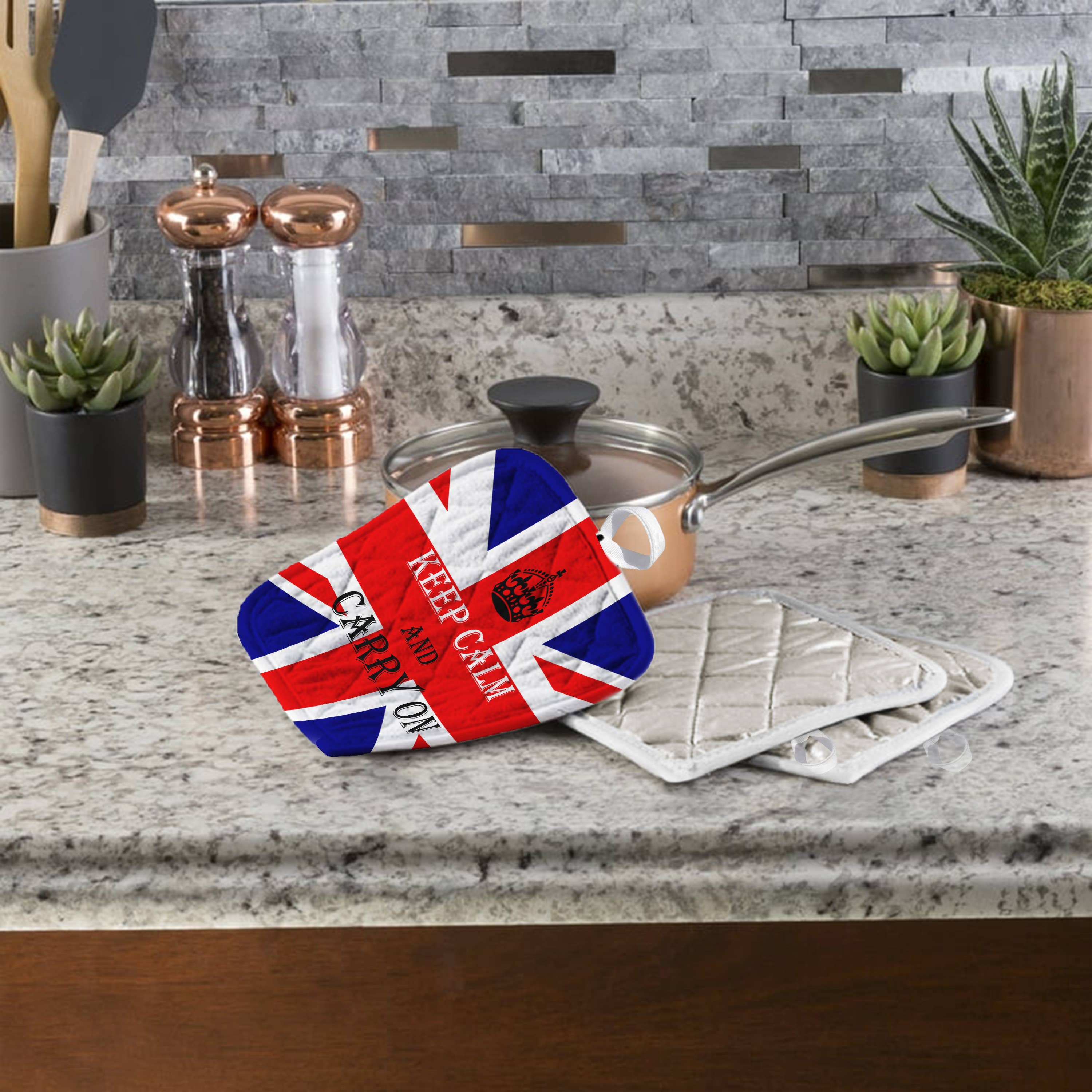 Potholder - Union Jack with Keep Calm and Carry On Saying - Size 8x8"