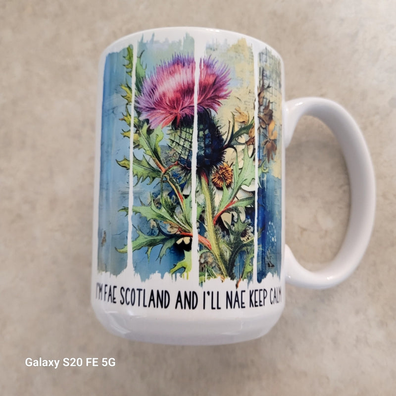 Mug 15oz. Custom Made Thistle with (I’m Fae Scotland and I’ll Nae keep calm) with wood lid or coaster