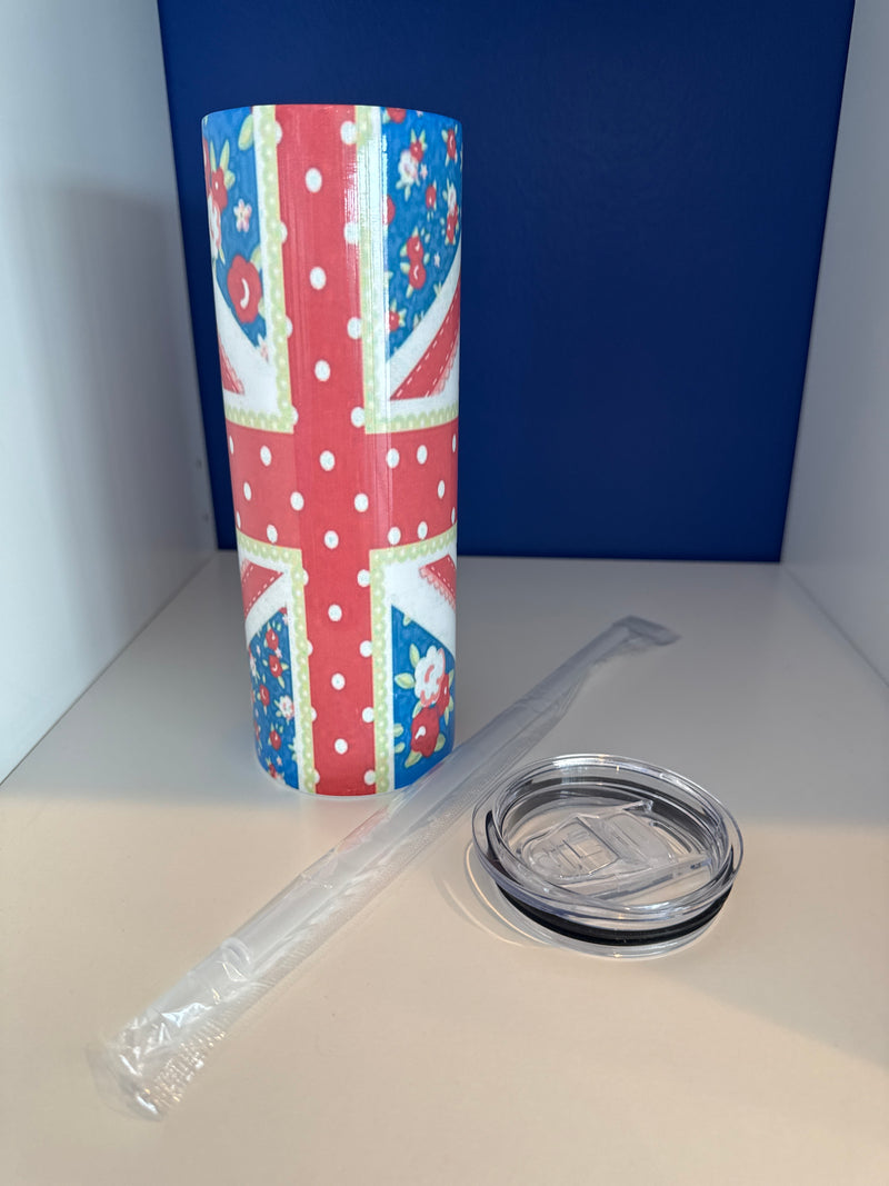 Tumbler 20 oz. Custom Made Flowered Print Union Jack with Slide Zip with straw