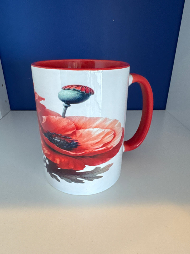 Mug 15oz. Custom Made Poppy with Red inner & Handle.