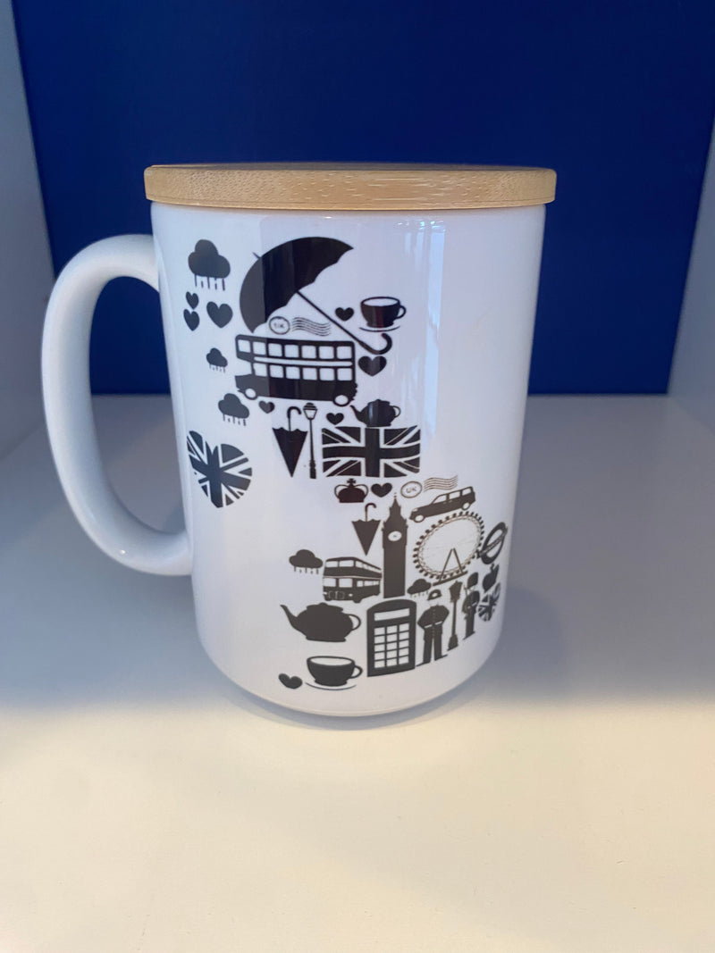 Black & White UK Symbols Mug 15oz with wood lid or coaster.
