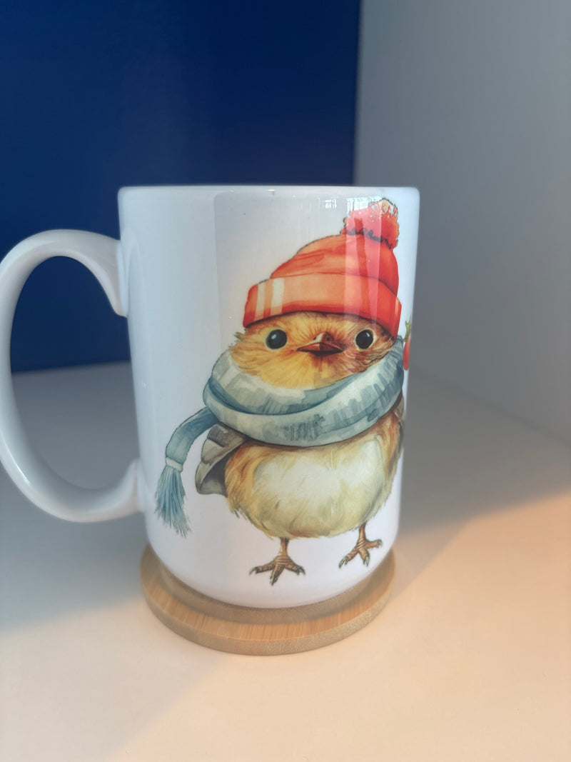 15 oz Mug. Custom Made Robin with a Scarf, Bobble Hat, Holly