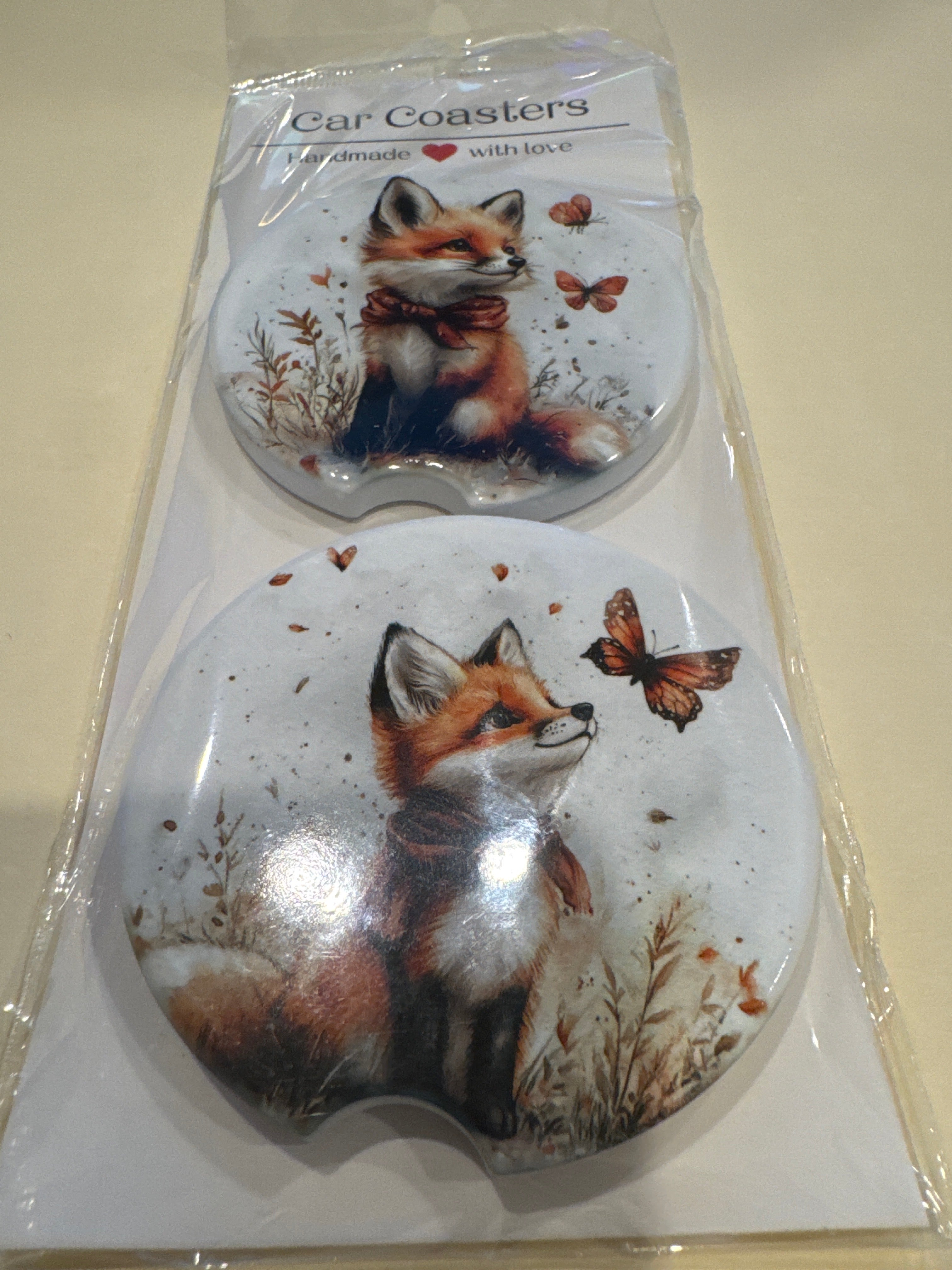 Car Coaster Ceramic- Custom Made Fox & Butterfly 2 PK (designs may vary)
