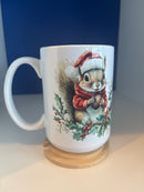 Mug 15oz. Custom Made Squirrel with Santa Hat and Holly with Lid/Coaster