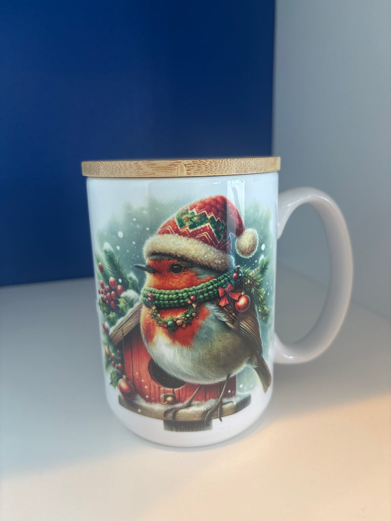 Mug 15oz. Custom Made Robin with Santa Hat on Birdhouse Mug