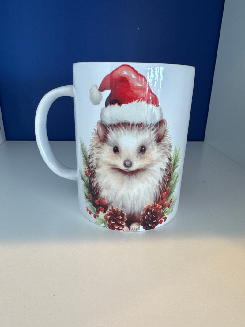 Mug 15oz. Custom Made Christmas Hedgehog with Santa Hat.