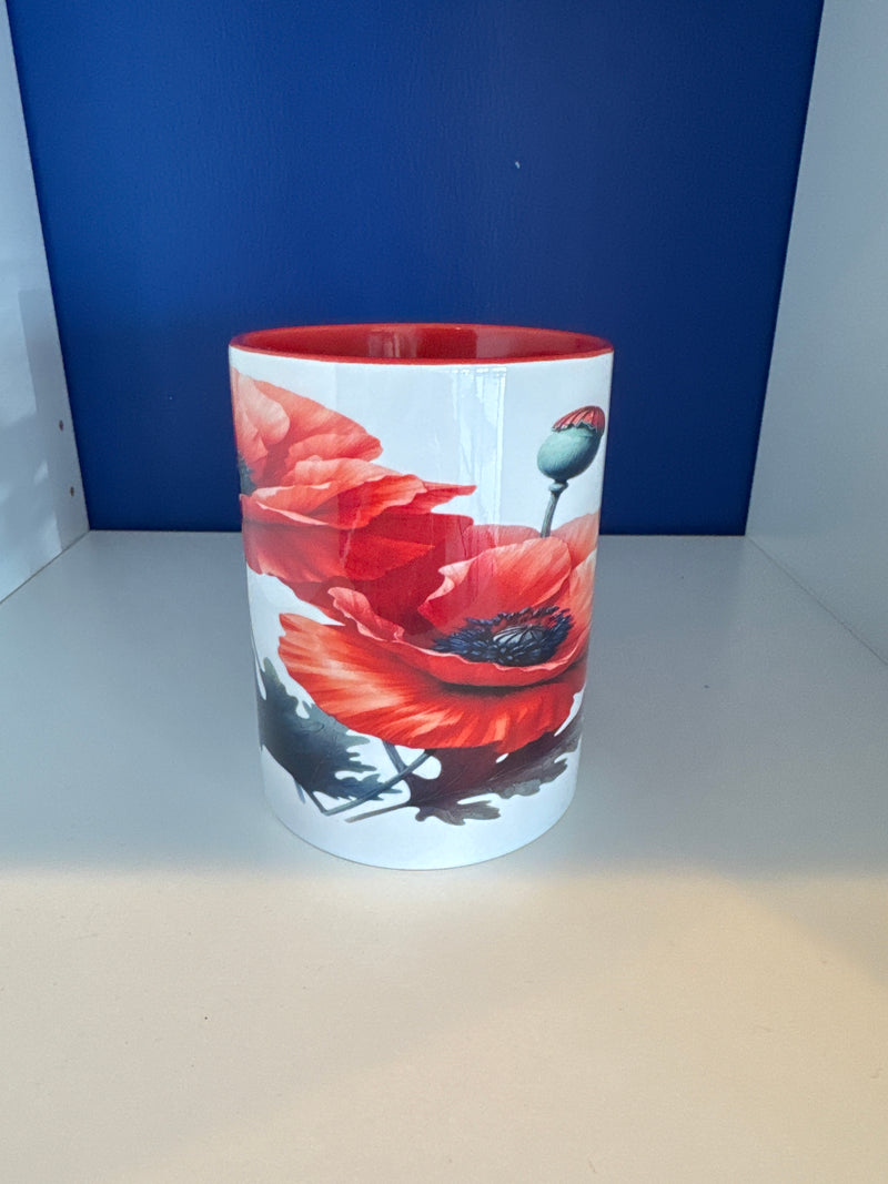 Mug 15oz. Custom Made Poppy with Red inner & Handle.