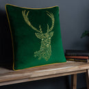 Cushion Cover only - Forest Fauna Stag Velvet Piped Cushion Emerald/Gold: 19.6 x 19.6"