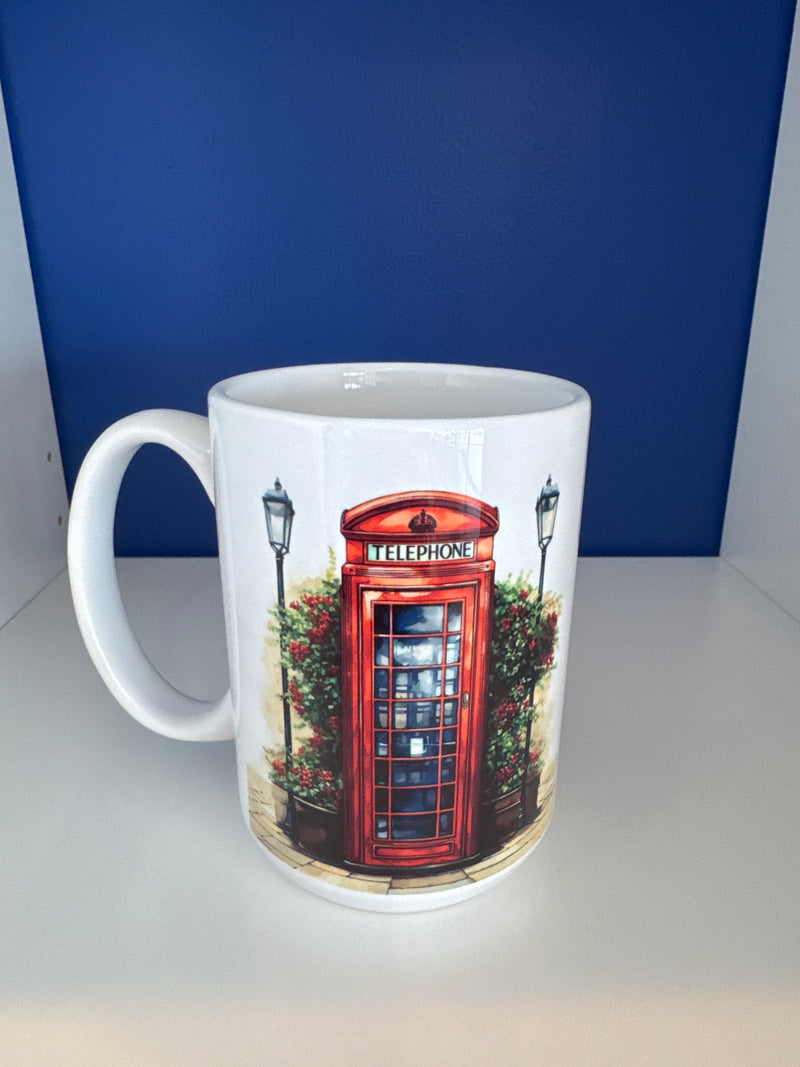 Mug 15oz. Custom Made Telephone Box Flower & Lanterns with wood lid or coaster.