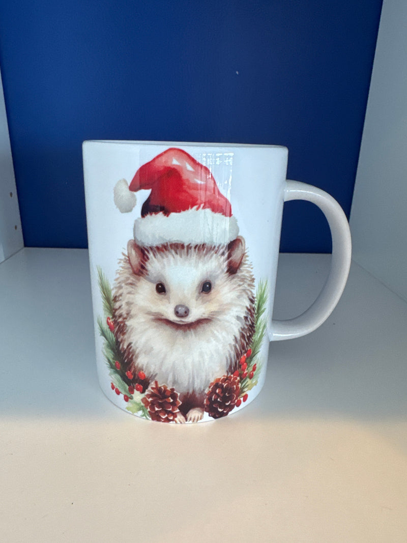 Mug 15oz. Custom Made Christmas Hedgehog with Santa Hat.