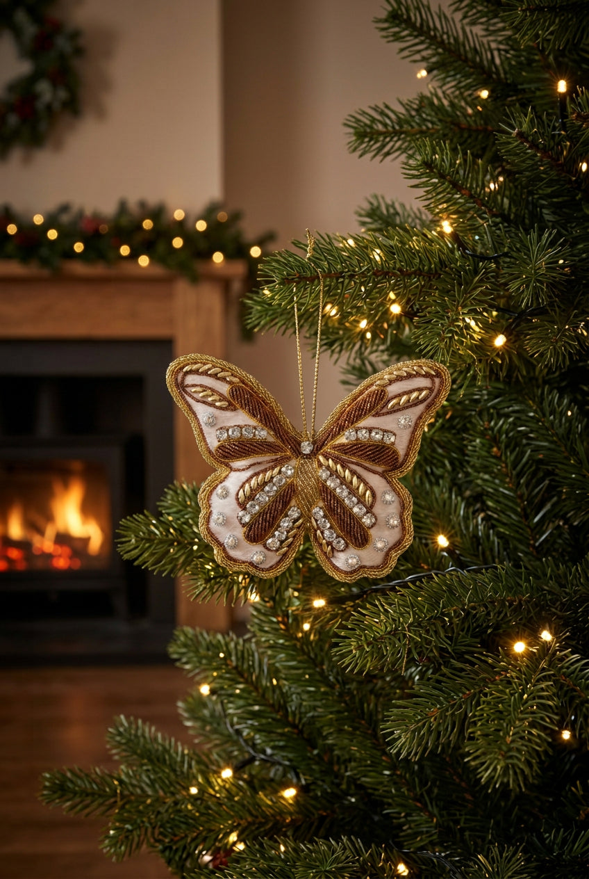 #63 Tinker Tailor White & Gold Butterfly with Crystals Christmas Ornament.