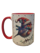 Mug 15oz. Custom Made Christmas Robin with Red Inner and Handle
