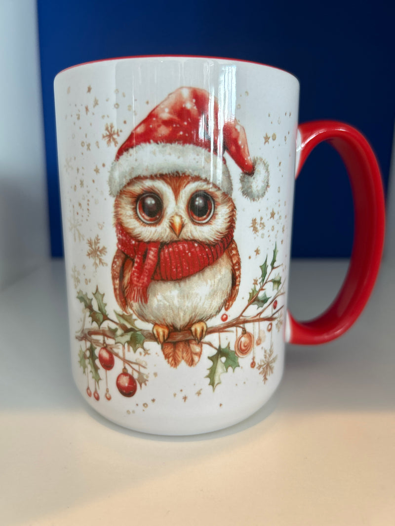 Mug 15oz. Custom Made Christmas Owl sitting on branch