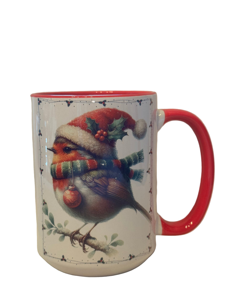 Mug 15oz. Custom Made Christmas Robin with Red Inner and Handle