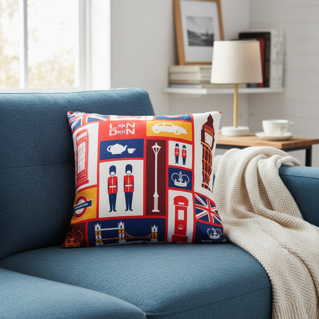 Cushion Cover - London Icons & Transit Pillow( Insert not included) 17" x 17"