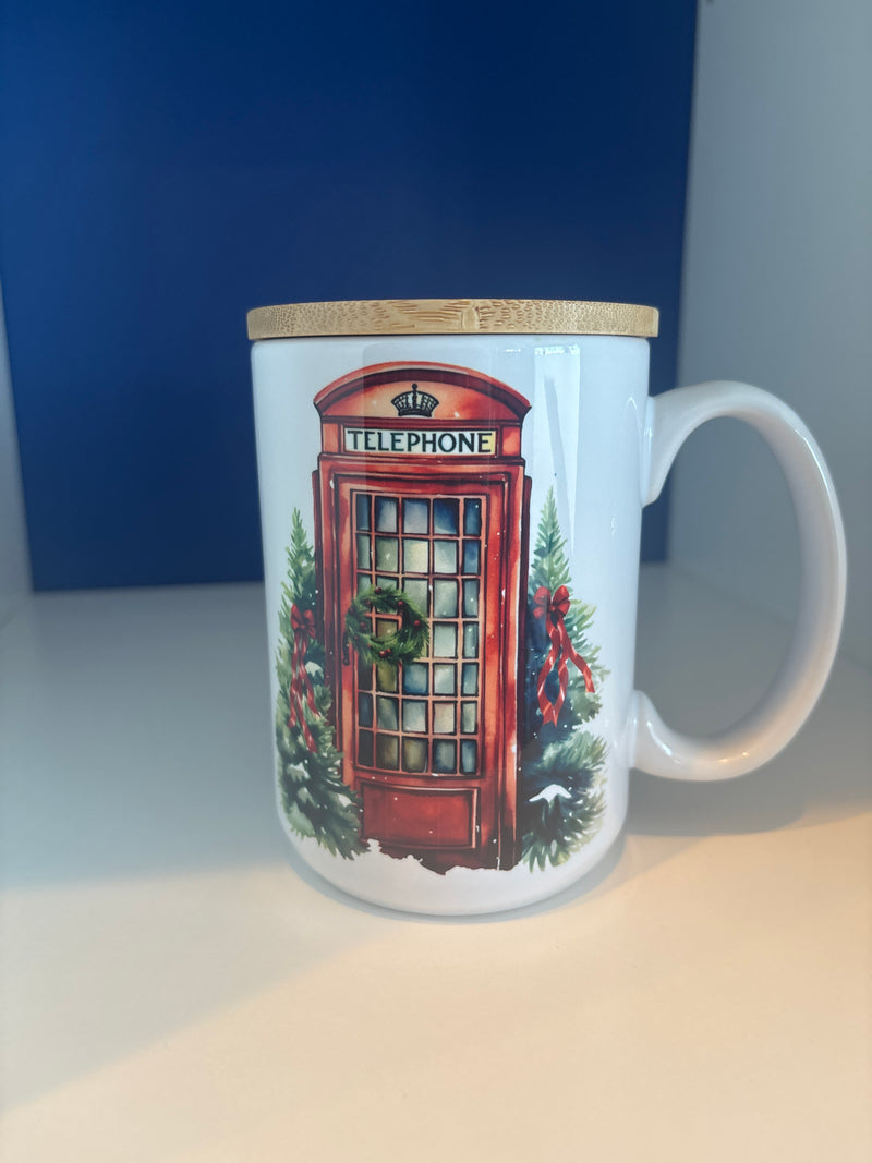 Mug 15oz. Custom Made Telephone Box with Christmas Wreath and Trees with lid/coaster