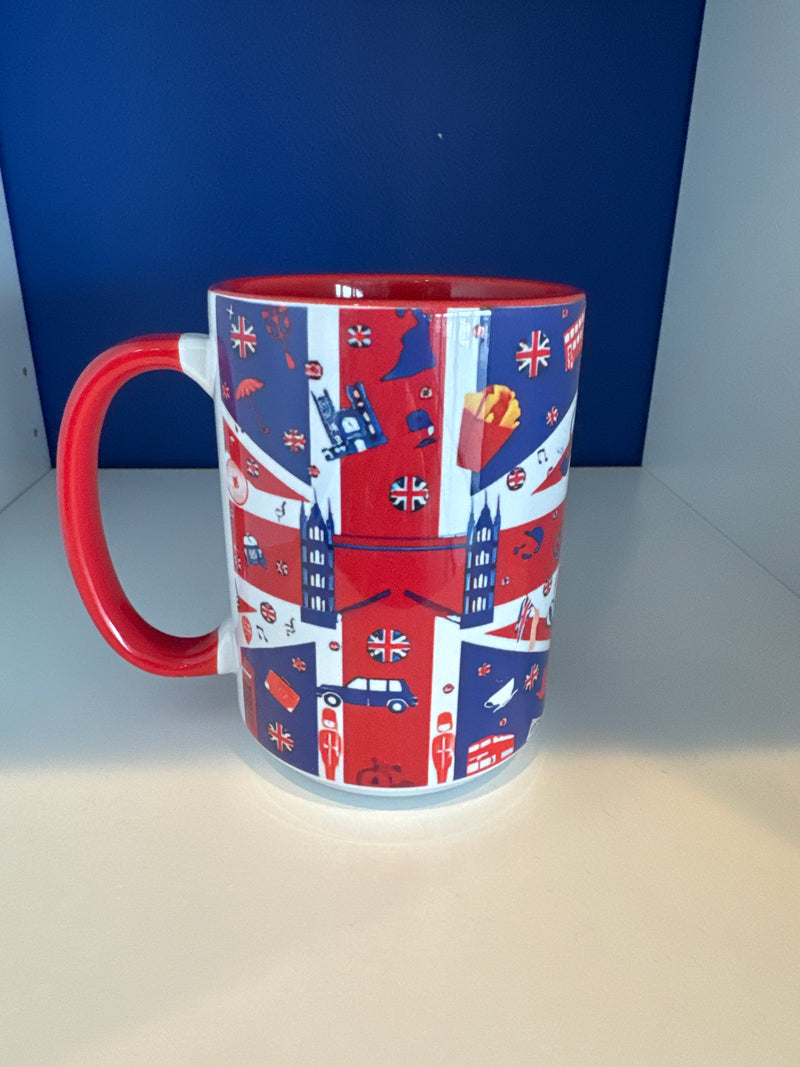 Mug 15oz. Custom Made Union Jack Flag with assorted Icons.