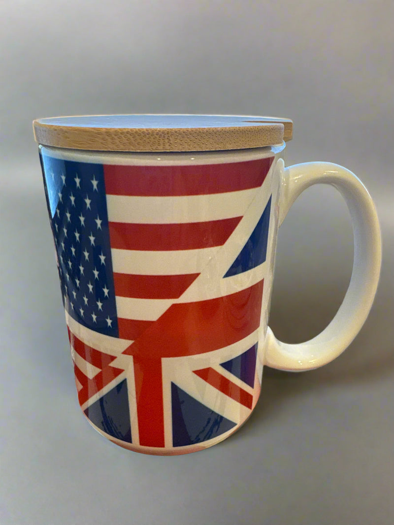 Mug 15oz. Custom Made USA & UK Friendship Flag with wood lid or coaster.