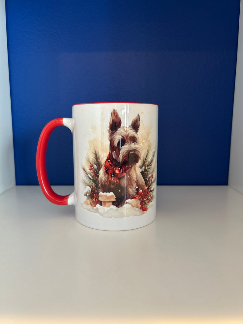 Mug 15oz. Custom Made Christmas Scottie Dog with red inner and handle.