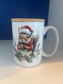 Mug 15oz. Custom Made Squirrel with Santa Hat and Holly with Lid/Coaster