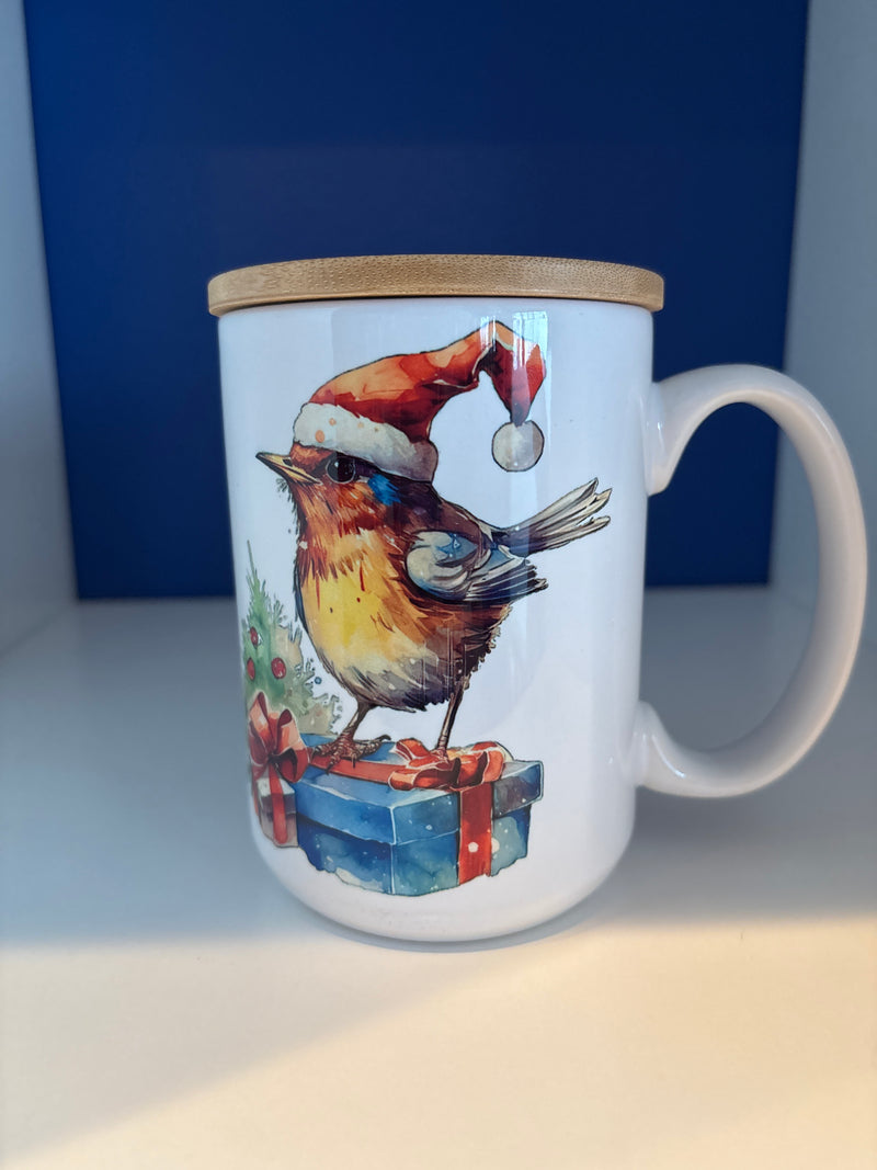 Mug 15oz. Custom-made Robin with Santa Hat on a Blue Present with Lid/Coaster