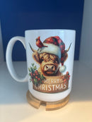 Mug 15oz. Christmas Highland Cow and Cardinal. Includes Lid/Coaster.