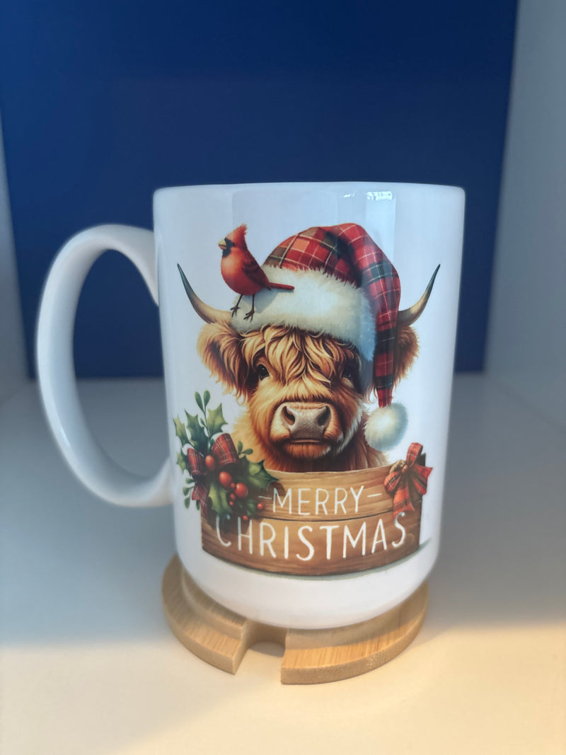 Mug 15oz. Christmas Highland Cow and Cardinal. Includes Lid/Coaster.