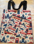 2 Pcs Tote Bag & Pouch - London Icons - Double Decker Bus, Big Ben, Flag etc