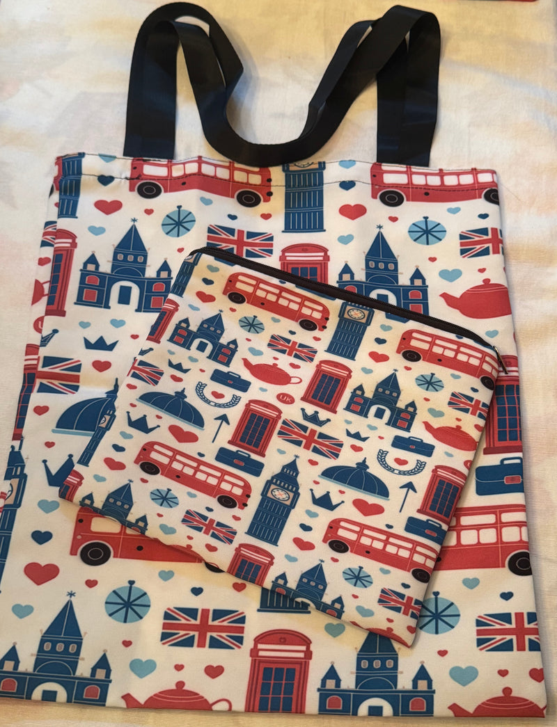 2 Pcs Tote Bag & Pouch - London Icons - Double Decker Bus, Big Ben, Flag etc