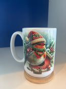Mug 15oz. Custom Made Robin with Santa Hat on Birdhouse Mug